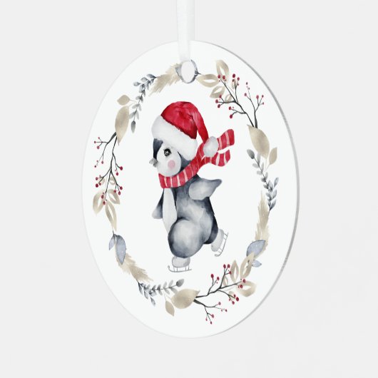 Cute Ice Skating Penguin in Winter Wreate Metalen Ornament (Voorkant links)