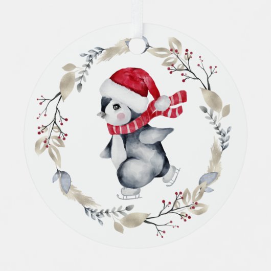 Cute Ice Skating Penguin in Winter Wreate Metalen Ornament (Voorkant)
