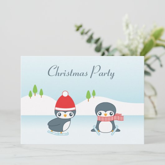 Cute Ice Skating Penguins kerstparty Kaart (Staand voorkant)