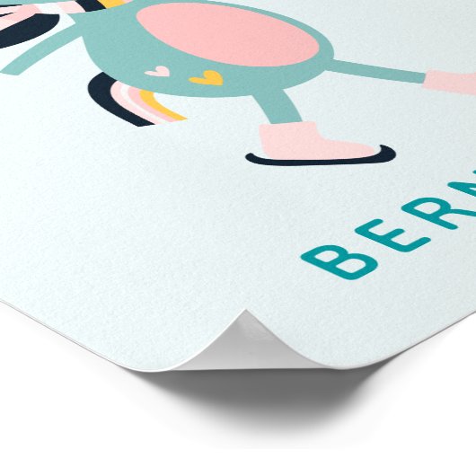 Cute Ice Skating Unicorn Blauwgroen Roze Aangepast Poster (Hoek)