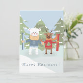 Cute Ijsbeer en Rendier Platte Kerstkaart (Staand voorkant)