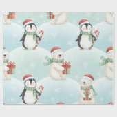 Cute Ijsberen & Pinguïns Kerstpatroon Cadeaupapier (Vlak)