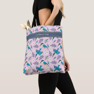 Cute IJsvogel Vogels Bloemmotief Roze Naam Tote Bag