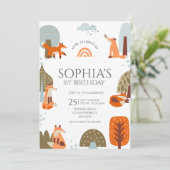 Cute illustrated Fox Forest animal first birthday Kaart (Staand voorkant)