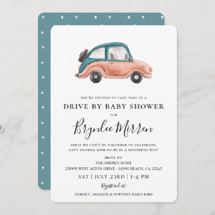 Cute Illustrated Retro Car Drive by Baby shower Kaart
