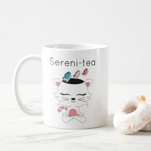Cute Illustrated Sereni-tea Meditation Kitty Cat Koffiemok (Met donut)