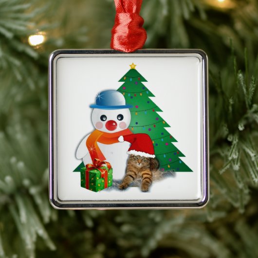 Cute Illustrated Snowman, Cat and Kerstmis Tree Metalen Ornament (Boom)
