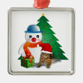 Cute Illustrated Snowman, Cat and Kerstmis Tree Metalen Ornament (Voorkant)