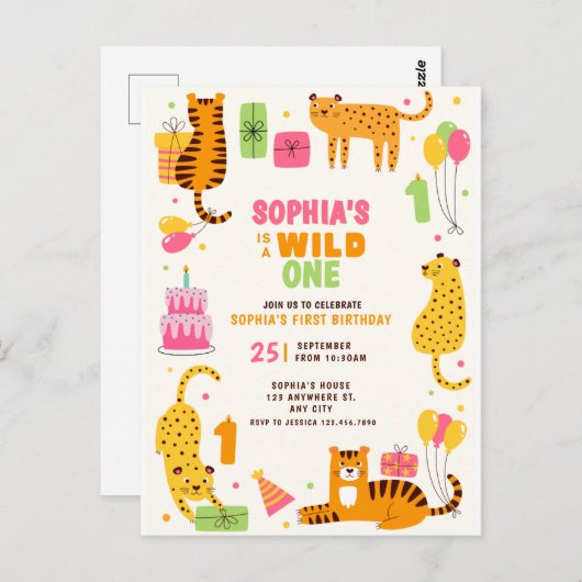 Cute illustrated wild animals first birthday briefkaart (Voorkant / Achterkant)