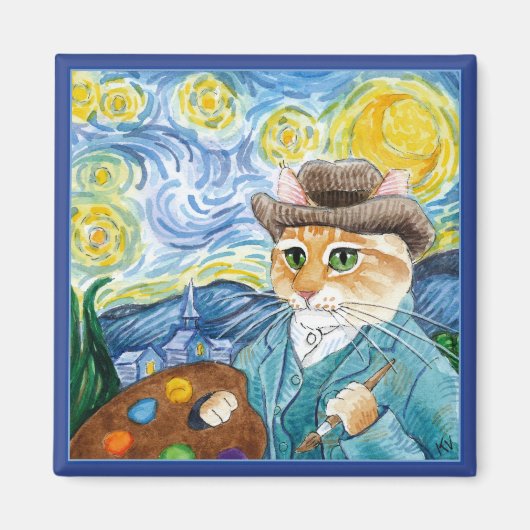Cute impressionist cat, Van Gogh, Sterrennacht Magneet (Voorkant)