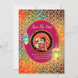 Cute Indian Cartoon Couple Save the Date ADD FOTO Kaart