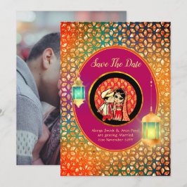 Cute Indian Cartoon Couple Save the Date ADD FOTO Kaart