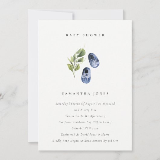 Cute Ink Blue Shoes Foliage Boy Baby shower Invite Bedankkaart (Voorkant)