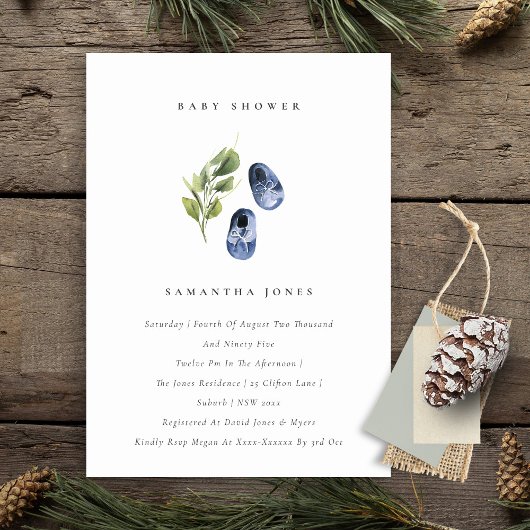 Cute Ink Blue Shoes Foliage Boy Baby shower Invite Bedankkaart