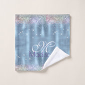 Cute iridescen ice blue faux monogram bad handdoek (Wasdoekje)