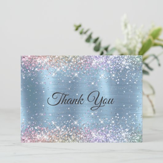 Cute iridescen ice blue faux monogram bedankkaart (Staand voorkant)
