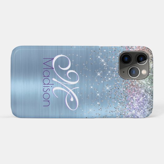 Cute iridescen ice blue faux monogram Case-Mate iPhone case (Achterkant (horizontaal))