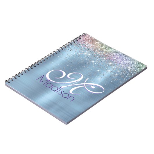 Cute iridescen ice blue faux monogram notitieboek (Linkerzijde)
