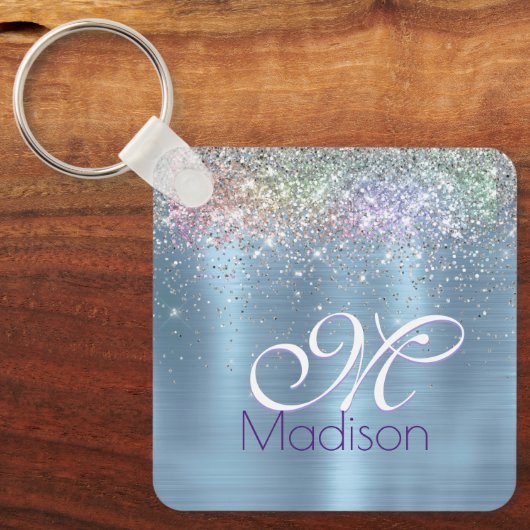 Cute iridescen ice blue faux monogram sleutelhanger (Voorkant)