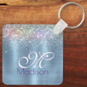 Cute iridescen ice blue faux monogram sleutelhanger (Achterkant)
