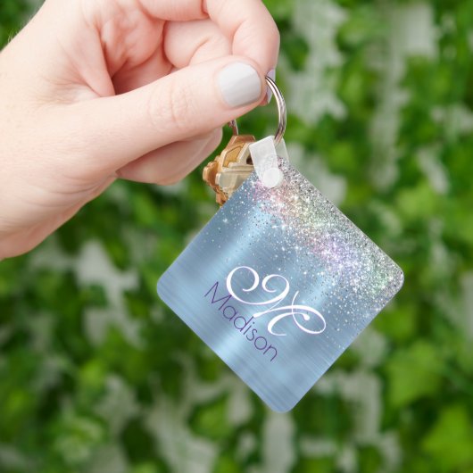 Cute iridescen ice blue faux monogram sleutelhanger (Hand)
