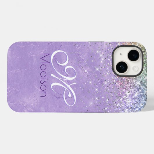 Cute iridescen lila paarse faux glitter monogram Case-Mate iPhone case (Achterkant (horizontaal))