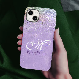 Cute iridescen lila paarse faux glitter monogram Case-Mate iPhone 14 hoesje