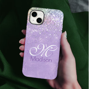 Cute iridescen lila paarse faux glitter monogram Case-Mate iPhone 14 hoesje