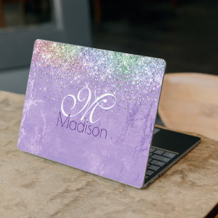 Cute iridescen lila paarse faux glitter monogram HP laptopsticker