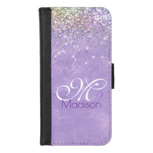 Cute iridescen lila paarse faux glitter monogram iPhone 8/7 portemonnee hoesje