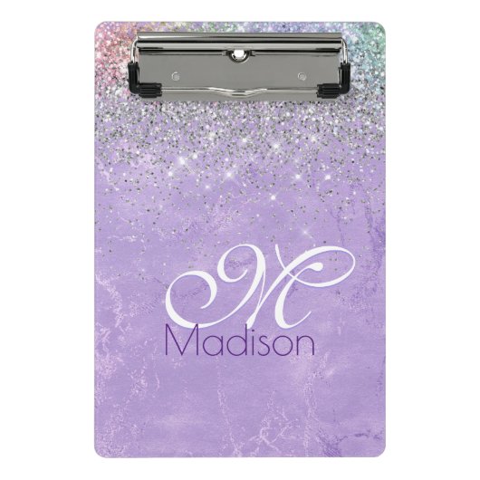 Cute iridescen lila paarse faux glitter monogram mini klembord (Voorkant)