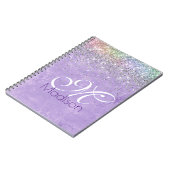 Cute iridescen lila paarse faux glitter monogram notitieboek (Linkerzijde)