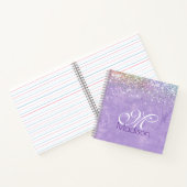 Cute iridescen lila paarse faux glitter monogram notitieboek (Binnen)