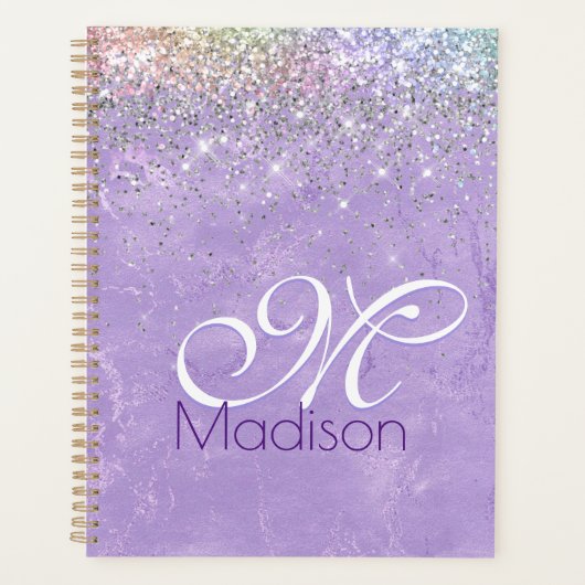Cute iridescen lila paarse faux glitter monogram planner (Voorkant)
