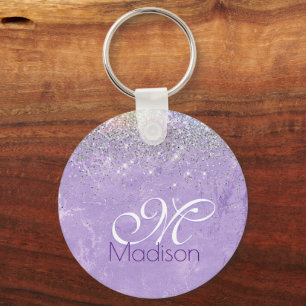 Cute iridescen lila paarse faux glitter monogram sleutelhanger