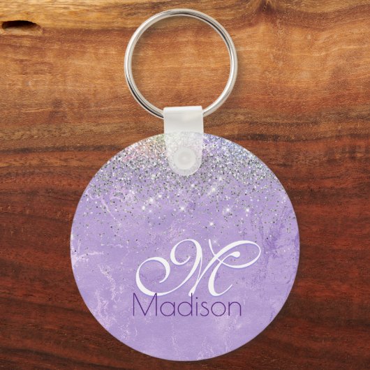 Cute iridescen lila paarse faux glitter monogram sleutelhanger (Voorkant)