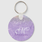 Cute iridescen lila paarse faux glitter monogram sleutelhanger (Achterkant)
