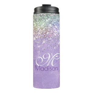 Cute iridescen lila paarse faux glitter monogram thermosbeker