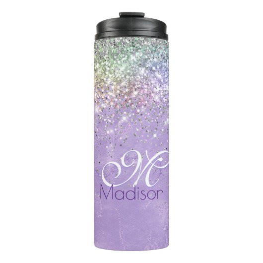 Cute iridescen lila paarse faux glitter monogram thermosbeker (Voorkant)