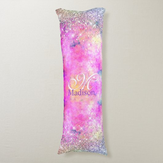 Cute iridescen Silfaux glitter monogram Lichaamskussen (Voorkant Verticaal)