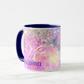 Cute iridescen Silfaux glitter monogram notebook Mok (Voorkant links)