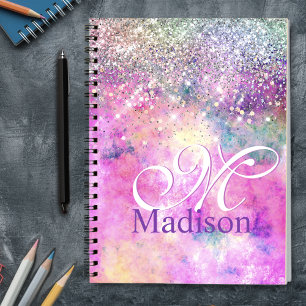 Cute iridescen Silfaux glitter monogram notebook Notitieboek