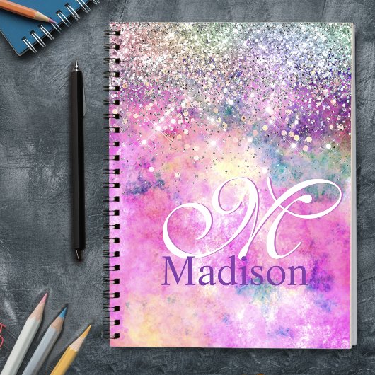 Cute iridescen Silfaux glitter monogram notebook Notitieboek