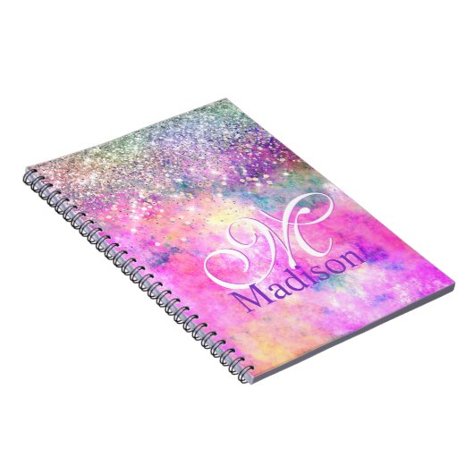 Cute iridescen Silfaux glitter monogram notebook Notitieboek (Rechterzijde)