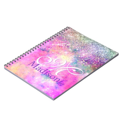 Cute iridescen Silfaux glitter monogram notebook Notitieboek (Linkerzijde)