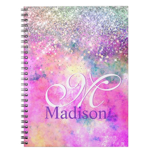 Cute iridescen Silfaux glitter monogram notebook Notitieboek (Voorkant)