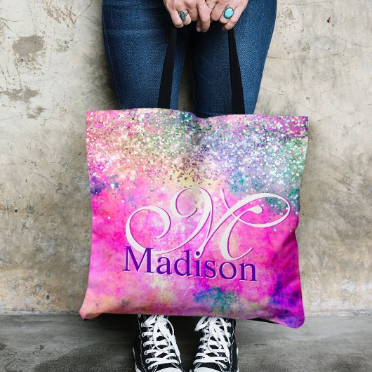 Cute iridescen Silfaux glitter monogram notebook Tote Bag