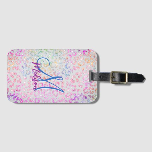 Cute iridescent Animal print glitter monogram Bagagelabel (Voorkant (horizontaal))