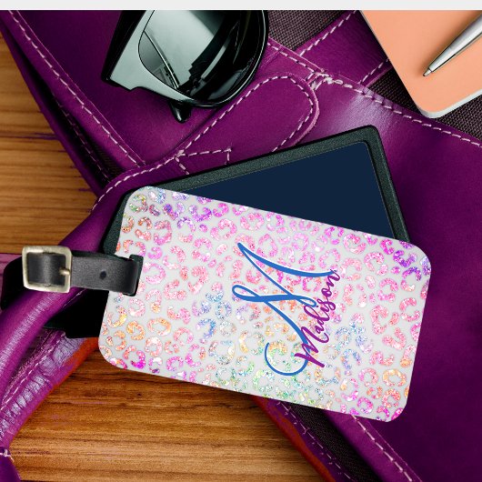 Cute iridescent Animal print glitter monogram Bagagelabel