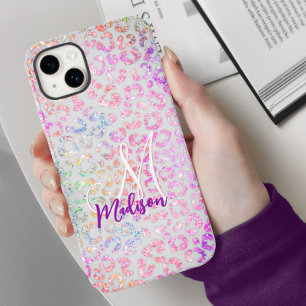 Cute iridescent Animal print glitter monogram Case-Mate iPhone 14 Hoesje